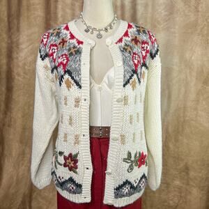 Vintage Fair Isles Sweater Cardigan 90s Nordic Floral Embroidered Cottagecore